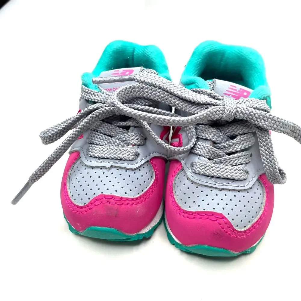 New Balance 574 Baby Training Walking Shoes Size 2 Lace up Gray Pink Teal